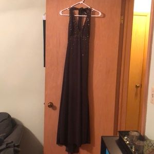 Coffee Windsor prom dress. Tie back/gold beading